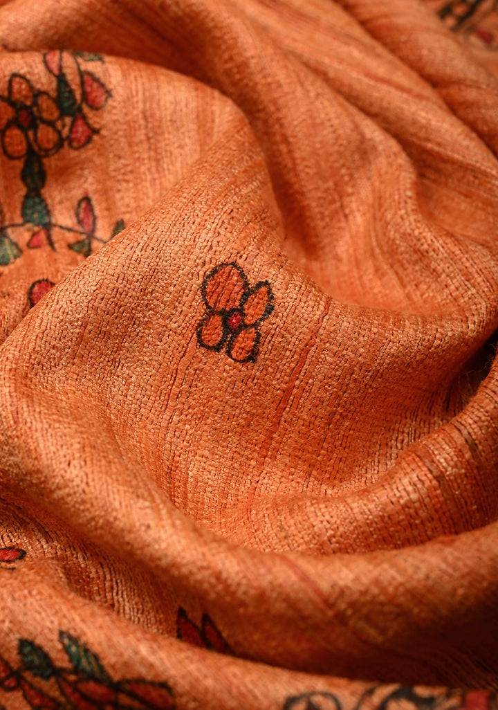 Orange Madhubani hand painting on Geecha Tussar Silk Saree | SILK MARK CERTIFIED