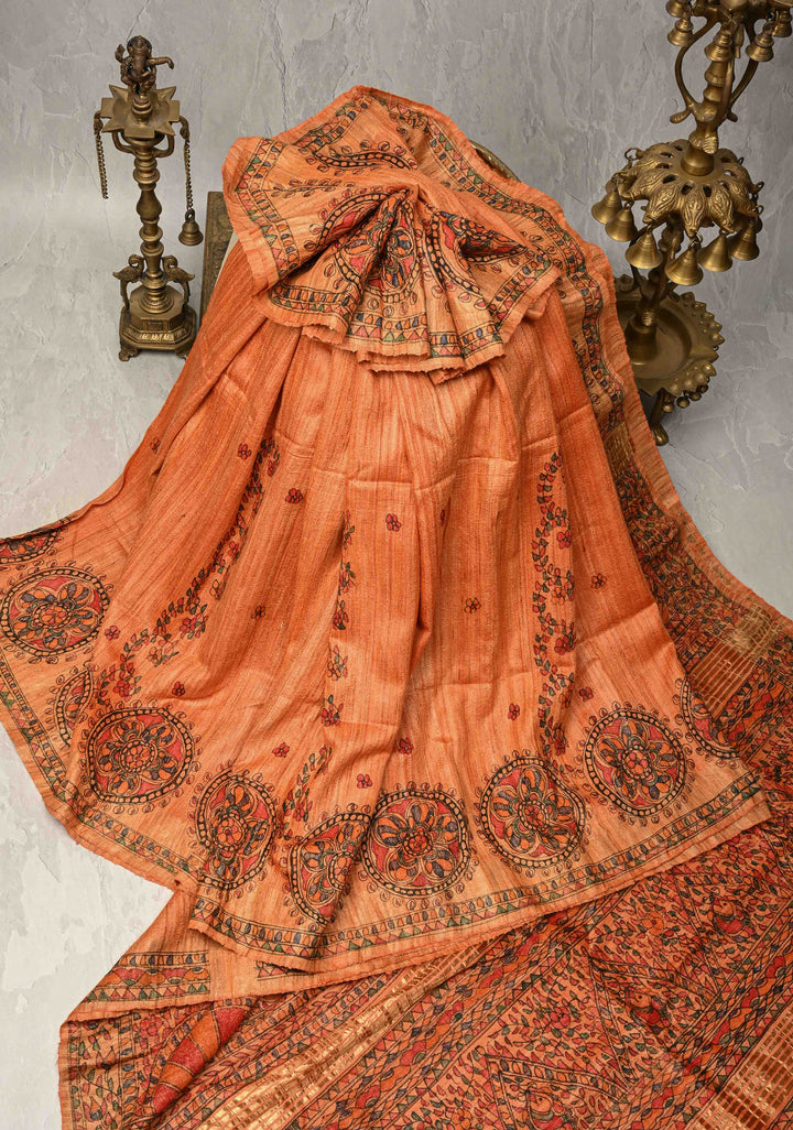 Orange Madhubani hand painting on Geecha Tussar Silk Saree | SILK MARK CERTIFIED