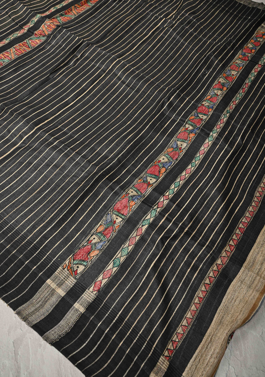 Cream Madhubani hand painting on Geecha Tussar Silk Saree | SILK MARK CERTIFIED