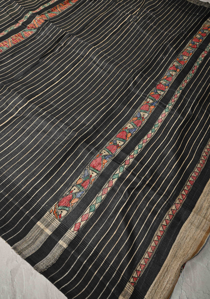 Cream Madhubani hand painting on Geecha Tussar Silk Saree | SILK MARK CERTIFIED