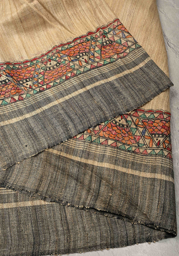 Cream Madhubani hand painting on Geecha Tussar Silk Saree | SILK MARK CERTIFIED