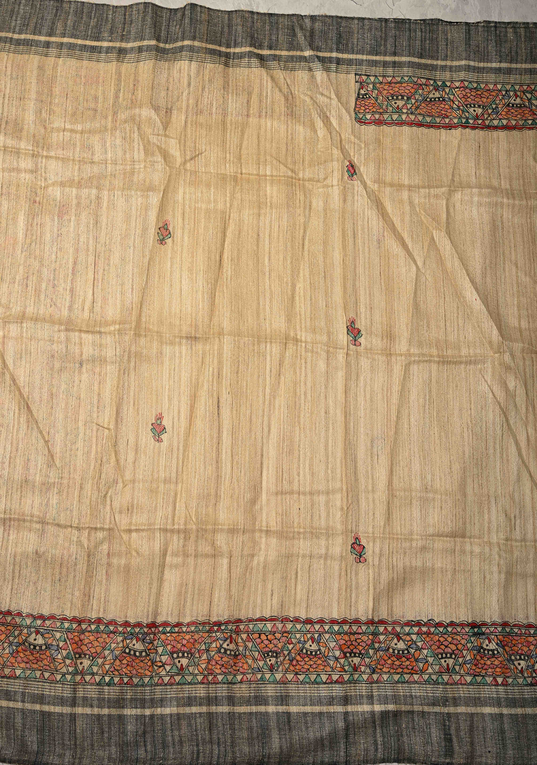 Cream Madhubani hand painting on Geecha Tussar Silk Saree | SILK MARK CERTIFIED