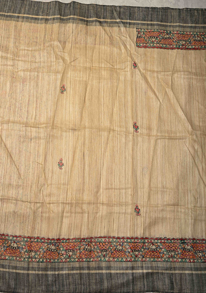 Cream Madhubani hand painting on Geecha Tussar Silk Saree | SILK MARK CERTIFIED