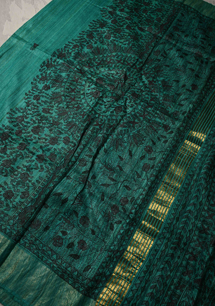 Teal Green Tussar Madhubani Hand-Painted Saree  | SILK MARK CERTIFIED | SHOBITAM