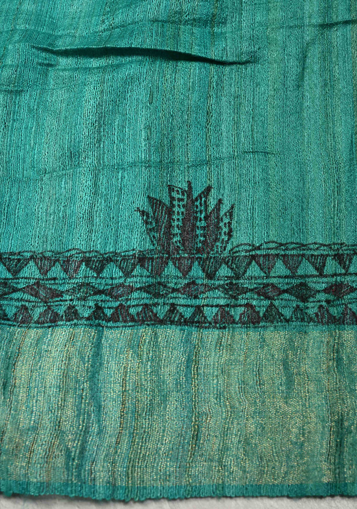 Teal Green Tussar Madhubani Hand-Painted Saree  | SILK MARK CERTIFIED | SHOBITAM