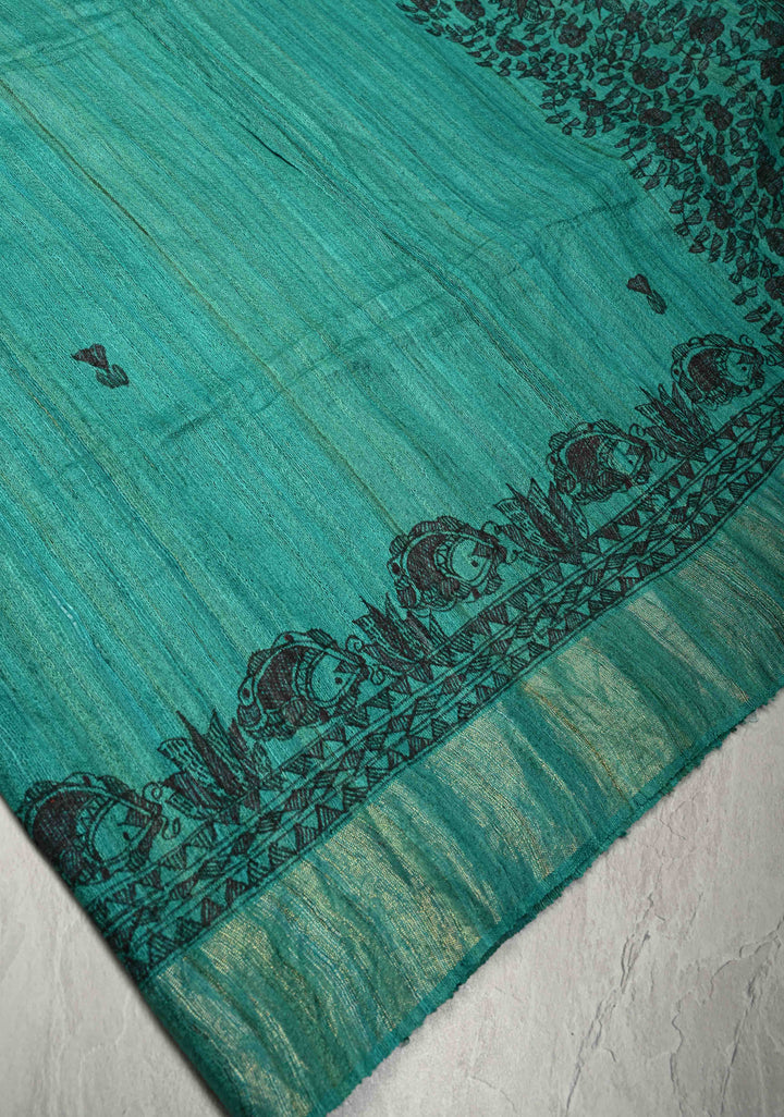Teal Green Tussar Madhubani Hand-Painted Saree  | SILK MARK CERTIFIED | SHOBITAM