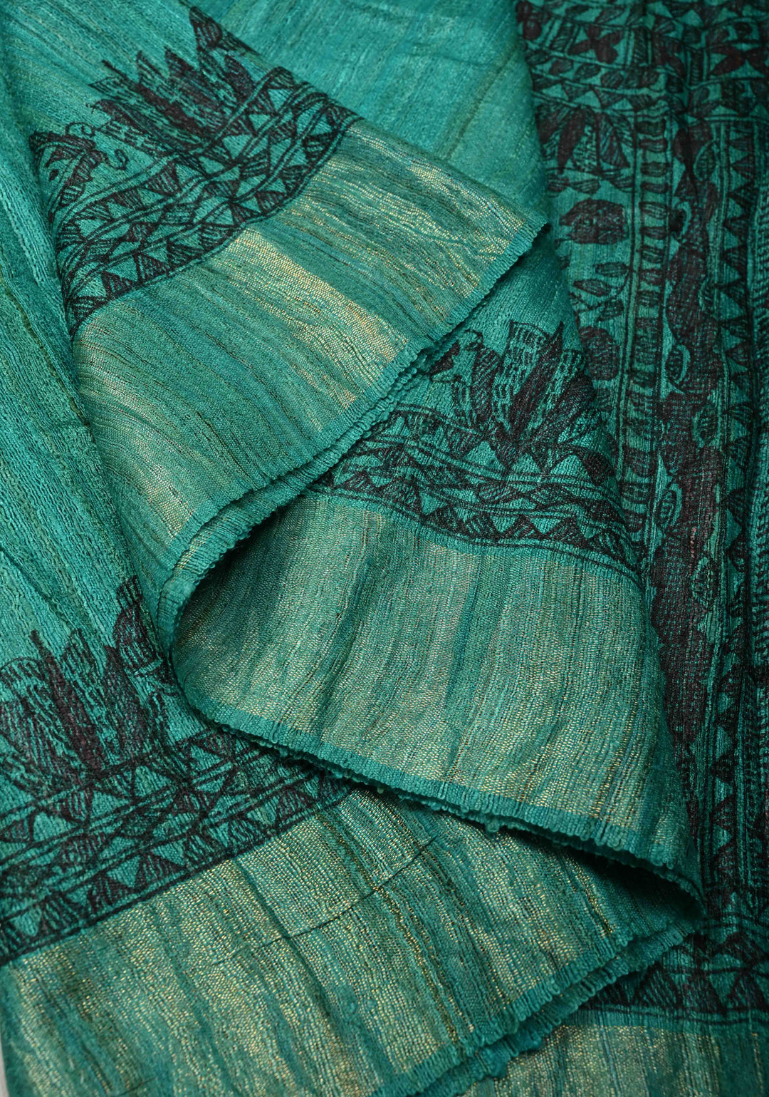 Teal Green Tussar Madhubani Hand-Painted Saree  | SILK MARK CERTIFIED | SHOBITAM