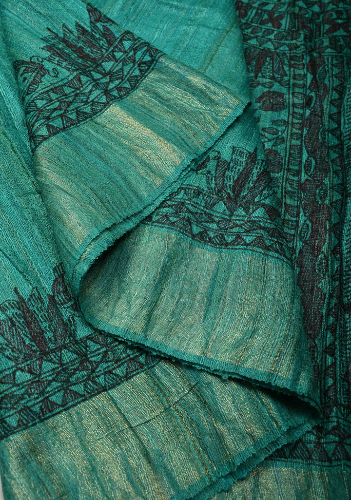 Teal Green Tussar Madhubani Hand-Painted Saree  | SILK MARK CERTIFIED | SHOBITAM