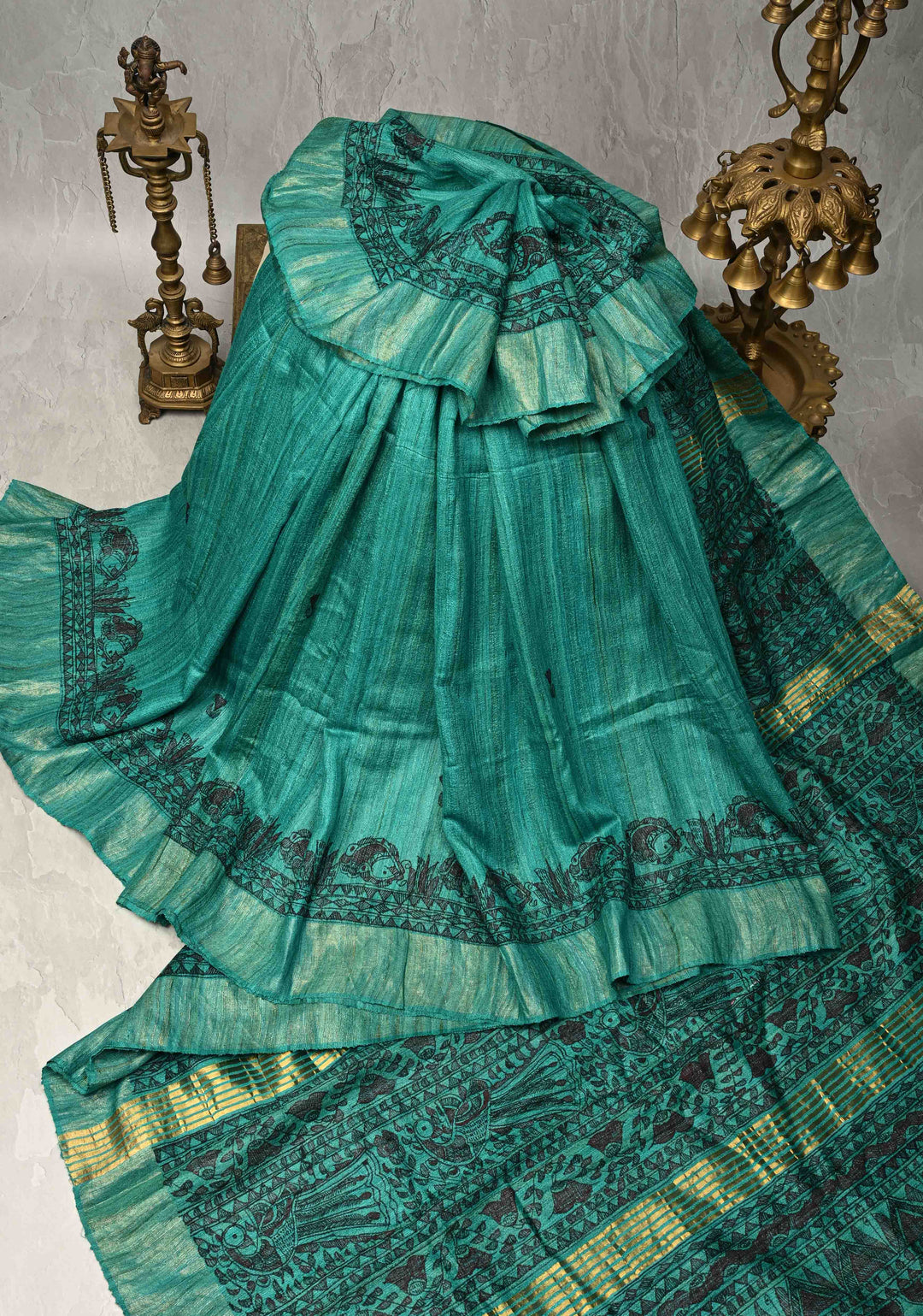 Teal Green Tussar Madhubani Hand-Painted Saree  | SILK MARK CERTIFIED | SHOBITAM