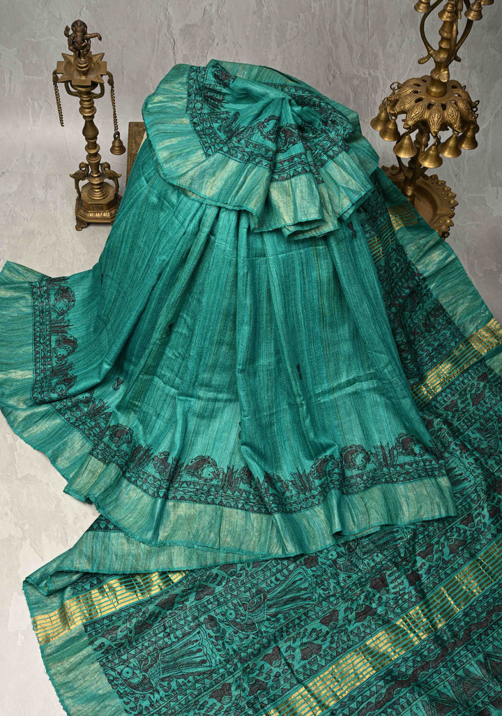 Teal Green Tussar Madhubani Hand-Painted Saree  | SILK MARK CERTIFIED | SHOBITAM