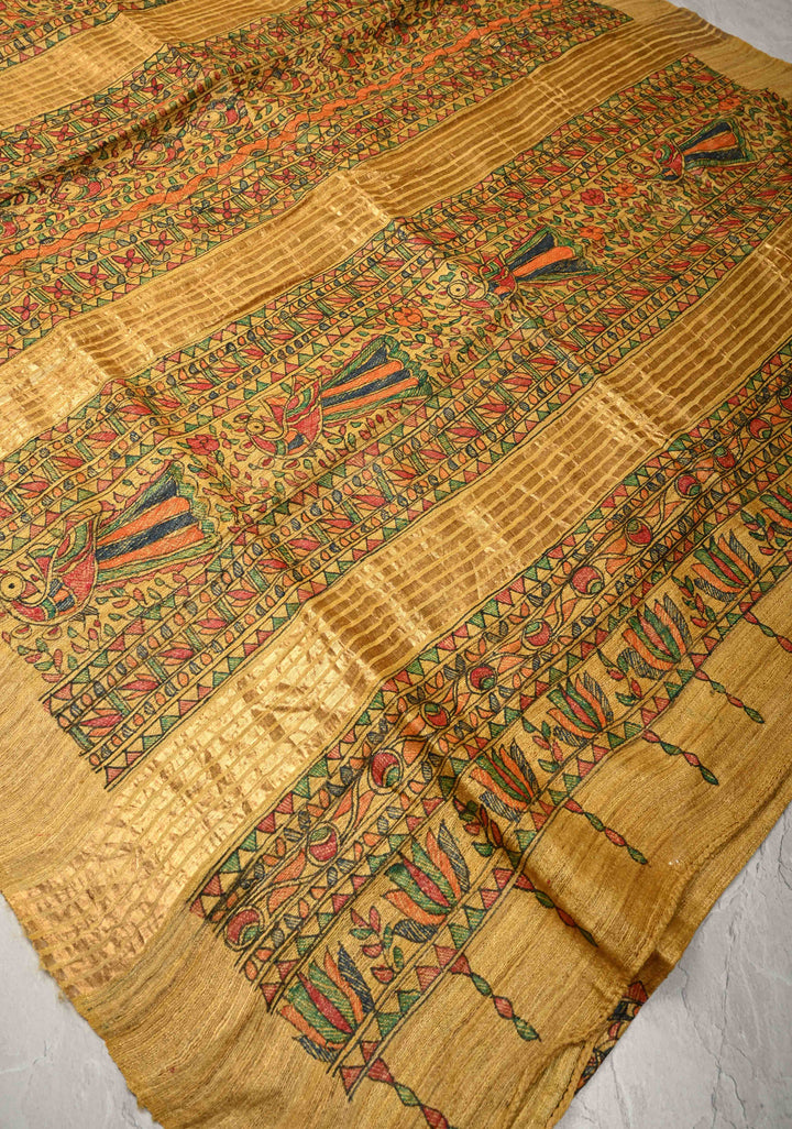 Yellow  Madhubani hand painting on Geecha Tussar Silk Saree | SILK MARK CERTIFIED