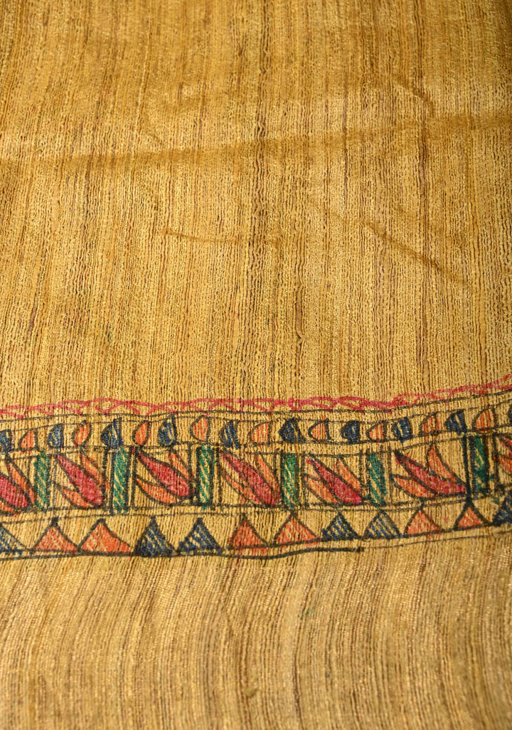Yellow  Madhubani hand painting on Geecha Tussar Silk Saree | SILK MARK CERTIFIED