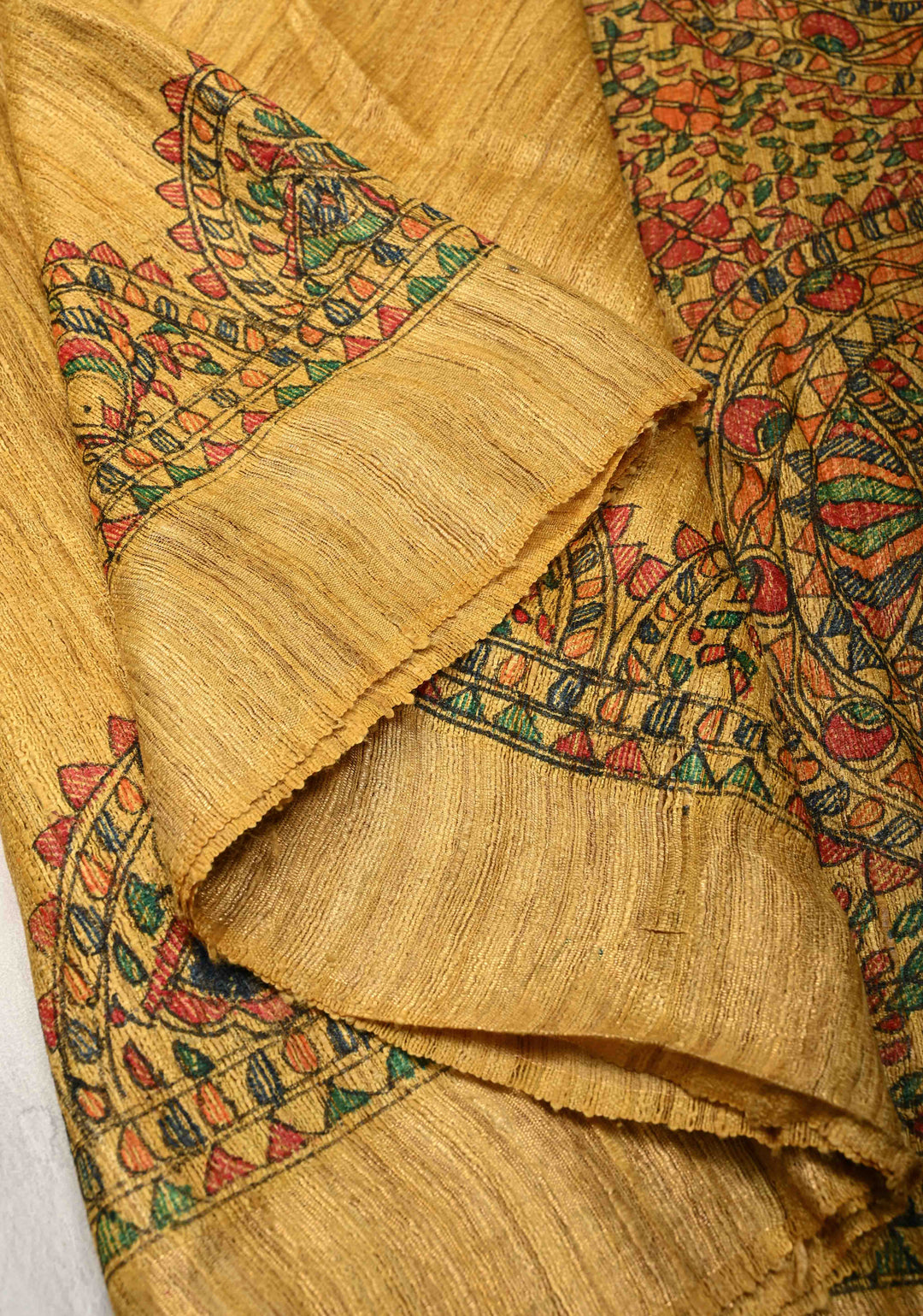 Yellow  Madhubani hand painting on Geecha Tussar Silk Saree | SILK MARK CERTIFIED