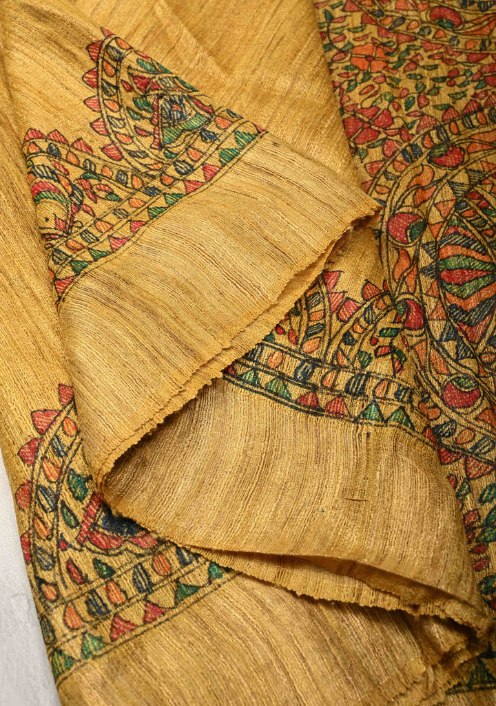 Yellow  Madhubani hand painting on Geecha Tussar Silk Saree | SILK MARK CERTIFIED