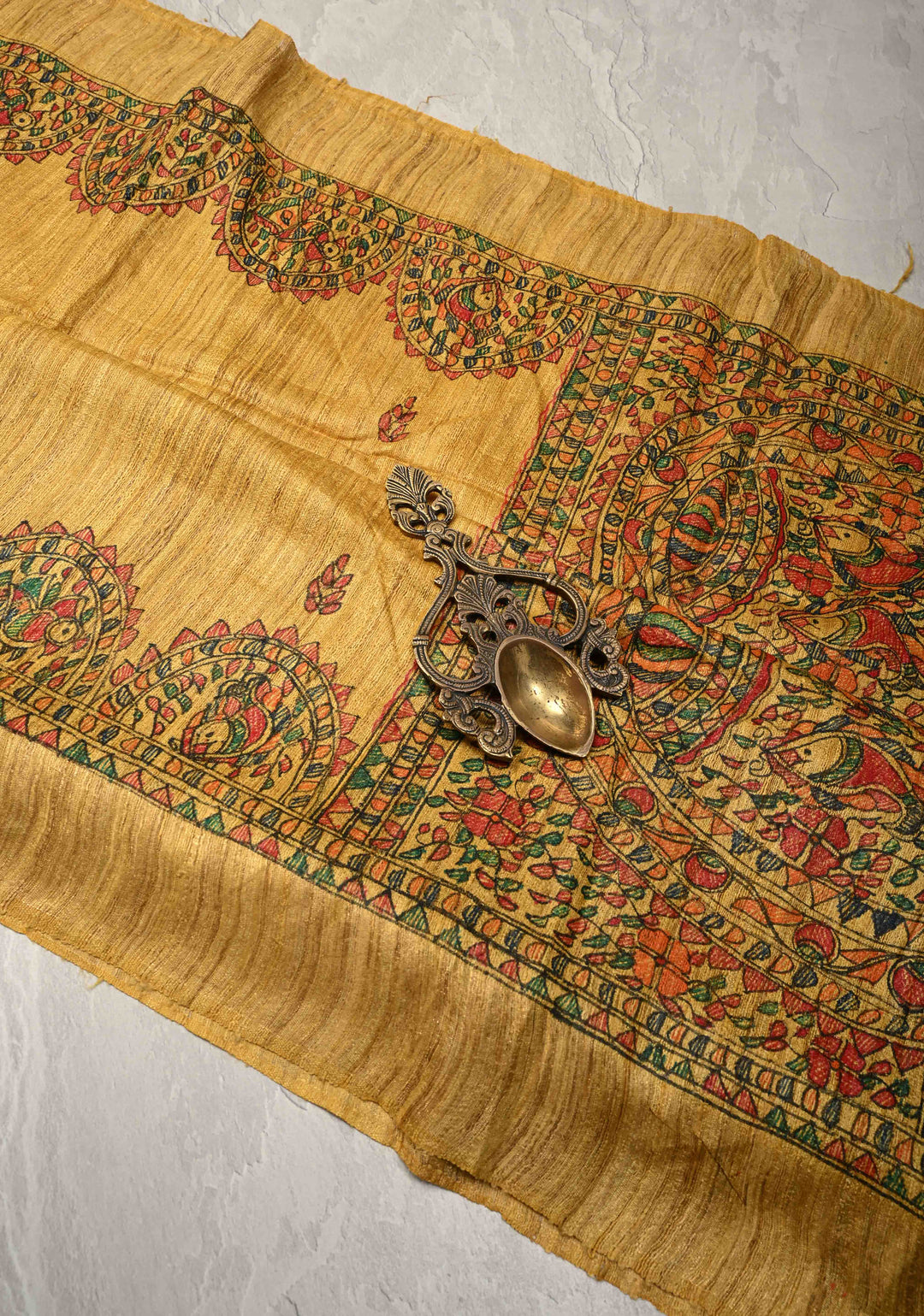 Yellow  Madhubani hand painting on Geecha Tussar Silk Saree | SILK MARK CERTIFIED