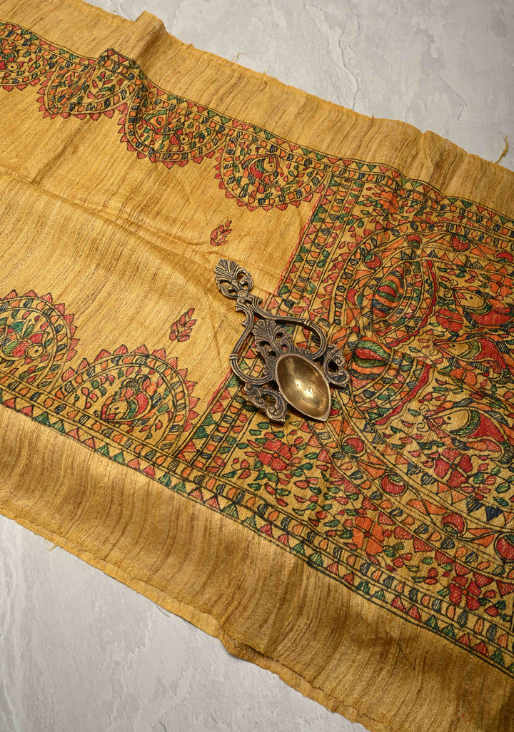 Yellow  Madhubani hand painting on Geecha Tussar Silk Saree | SILK MARK CERTIFIED