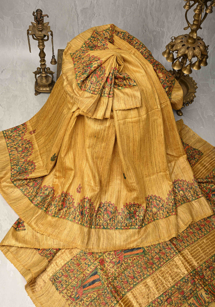 Yellow  Madhubani hand painting on Geecha Tussar Silk Saree | SILK MARK CERTIFIED
