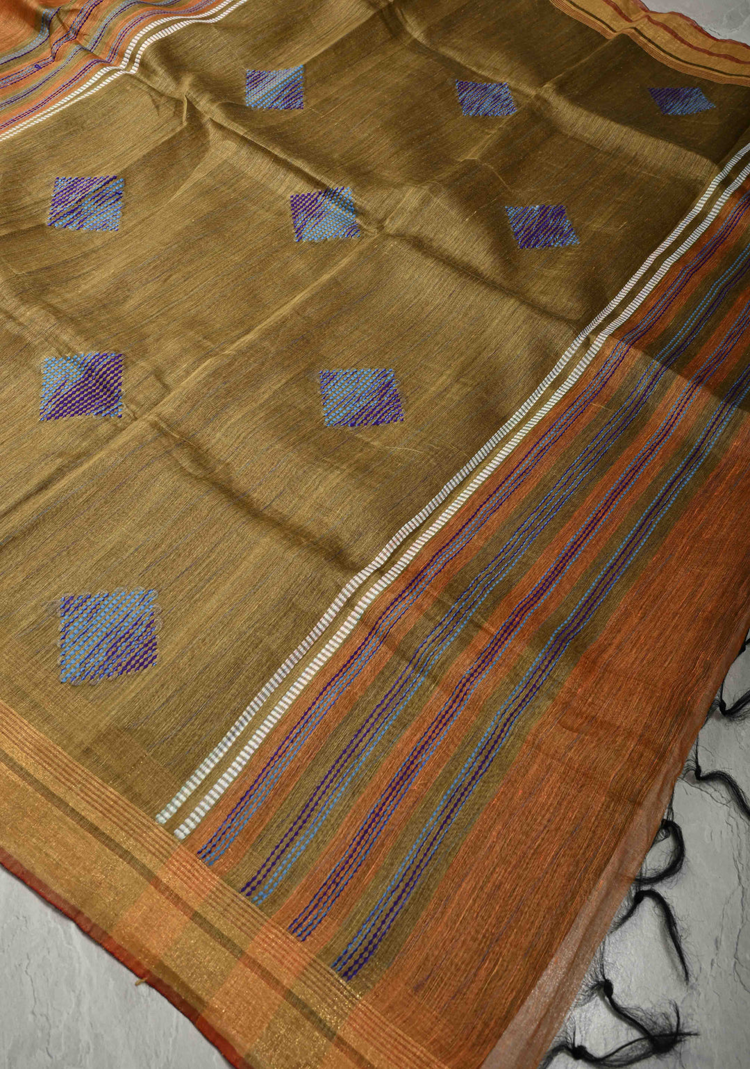 Rust Orange Handwoven Silk Linen Saree with Thread Buttas and Muted Zari Border