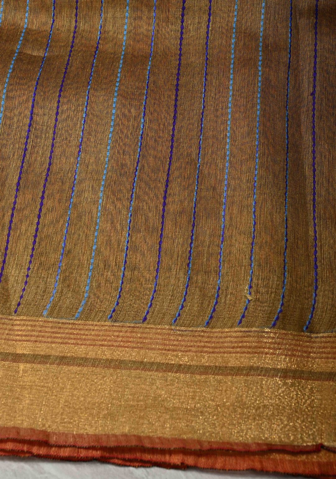 Rust Orange Handwoven Silk Linen Saree with Thread Buttas and Muted Zari Border