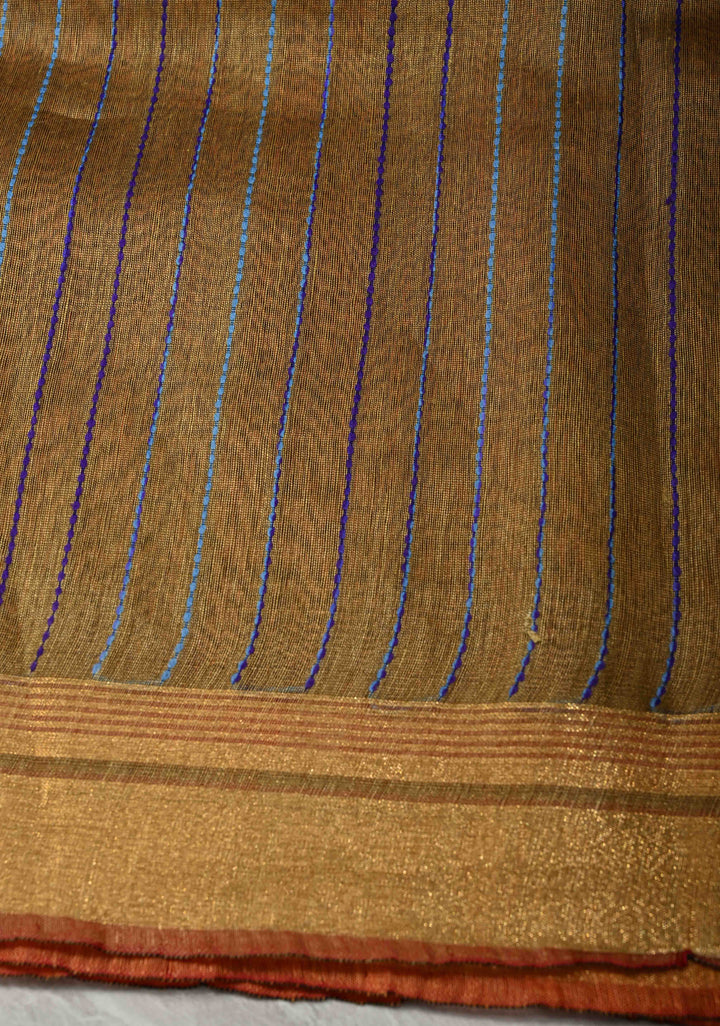 Rust Orange Handwoven Silk Linen Saree with Thread Buttas and Muted Zari Border