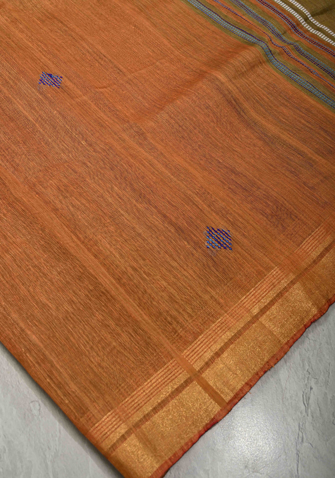 Rust Orange Handwoven Silk Linen Saree with Thread Buttas and Muted Zari Border