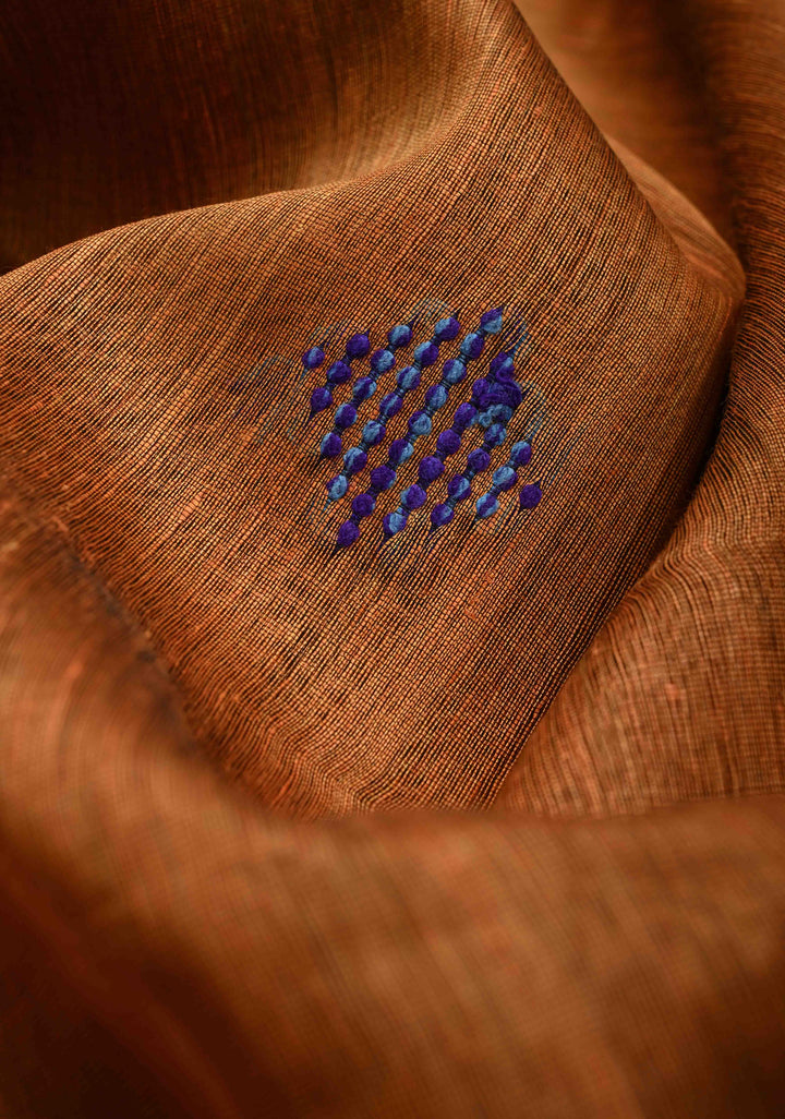 Rust Orange Handwoven Silk Linen Saree with Thread Buttas and Muted Zari Border