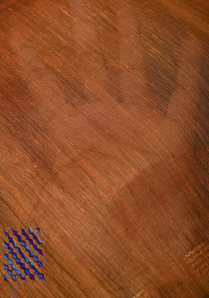 Rust Orange Handwoven Silk Linen Saree with Thread Buttas and Muted Zari Border