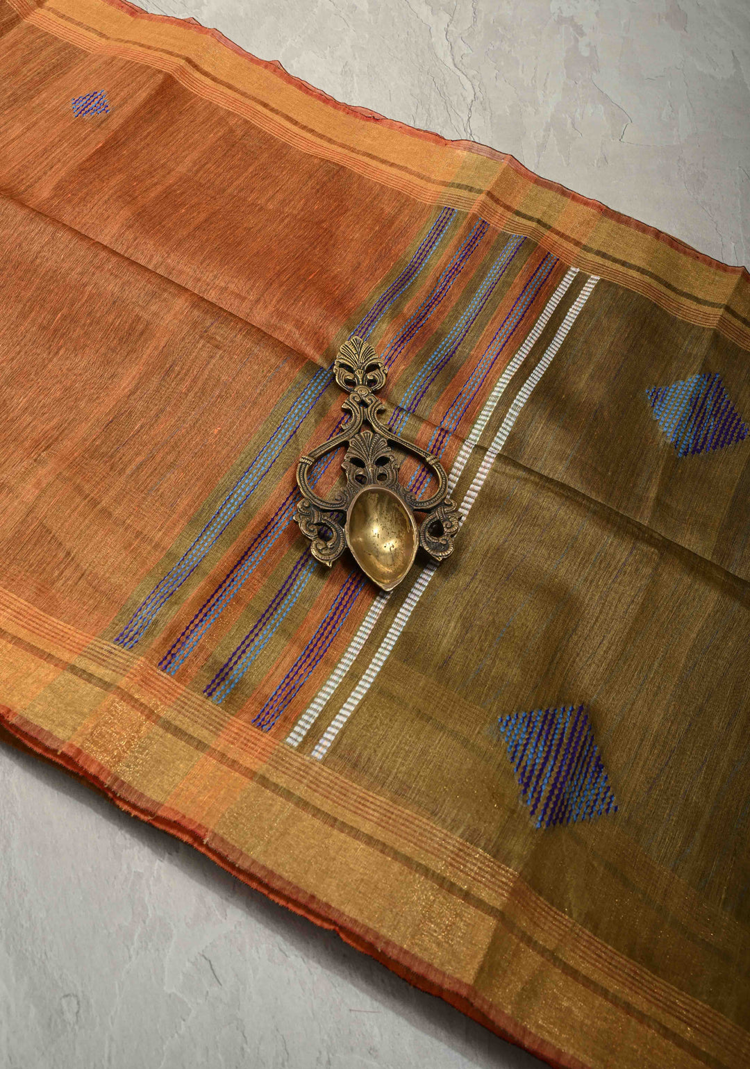 Rust Orange Handwoven Silk Linen Saree with Thread Buttas and Muted Zari Border