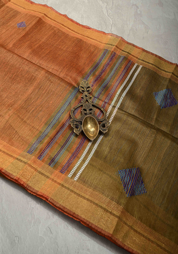 Rust Orange Handwoven Silk Linen Saree with Thread Buttas and Muted Zari Border