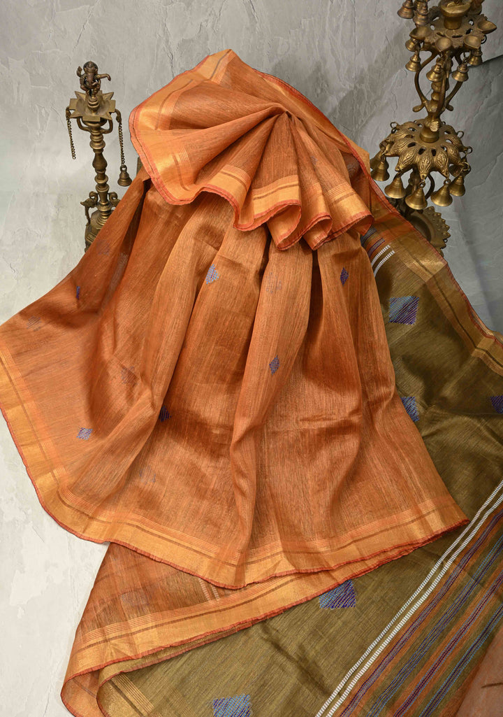 Rust Orange Handwoven Silk Linen Saree with Thread Buttas and Muted Zari Border