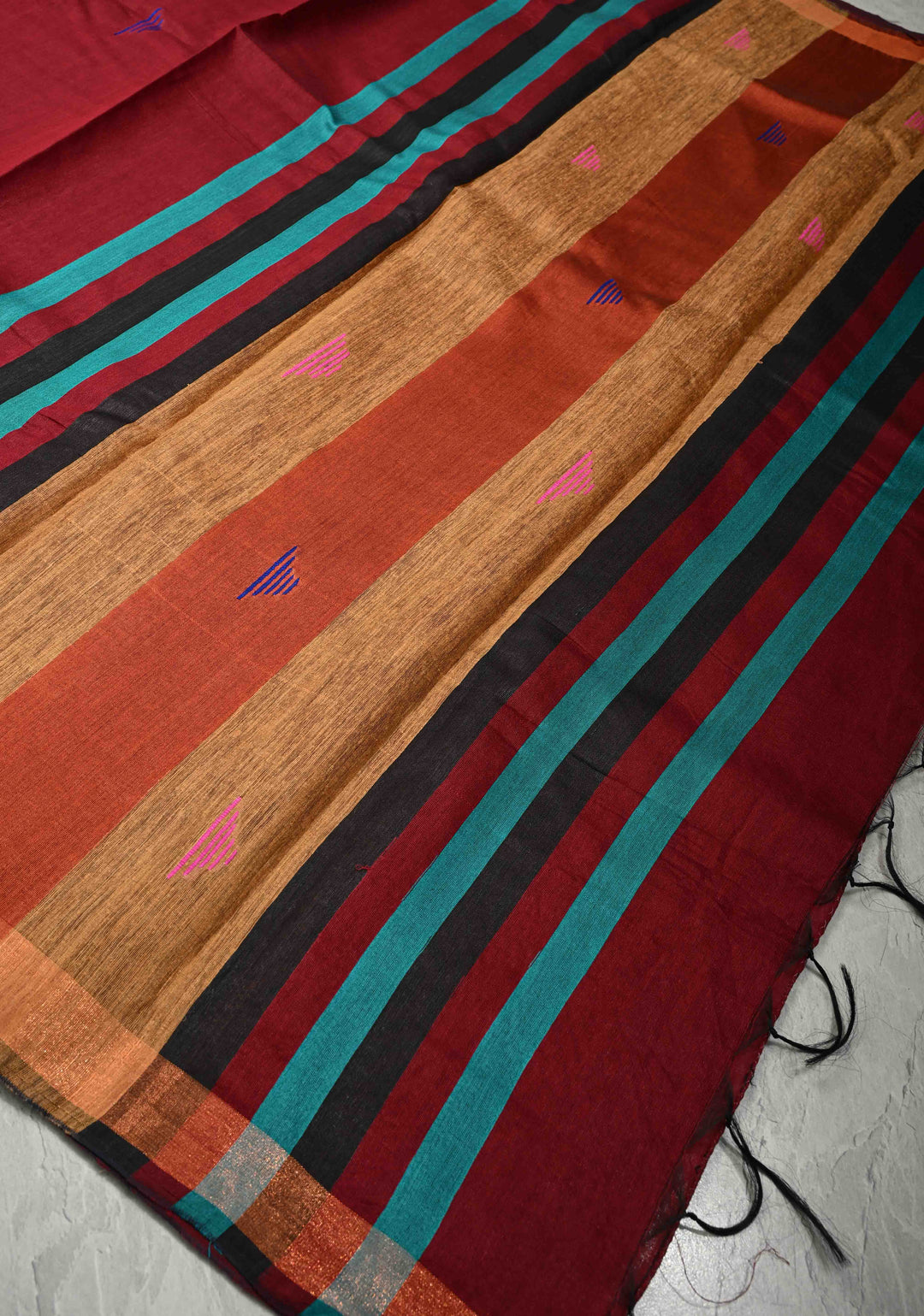 Deep Maroon Handwoven Silk Linen Saree with Meenakari Thread Buttas and Muted Minimal Zari Border