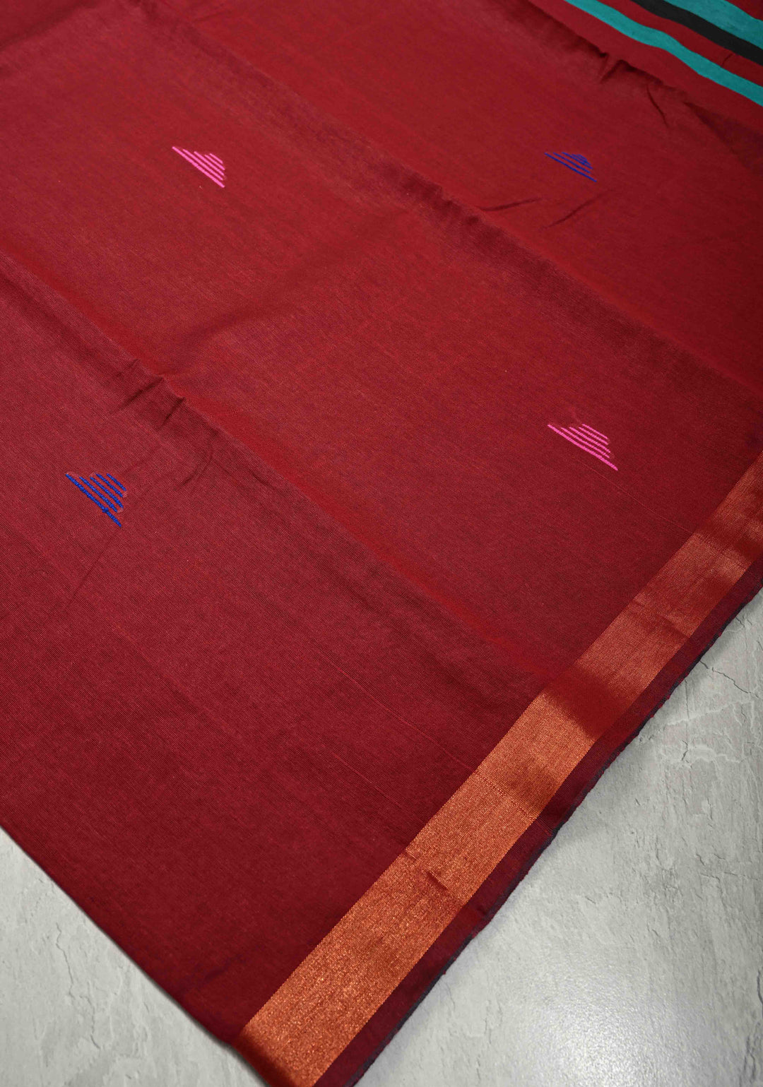 Deep Maroon Handwoven Silk Linen Saree with Meenakari Thread Buttas and Muted Minimal Zari Border