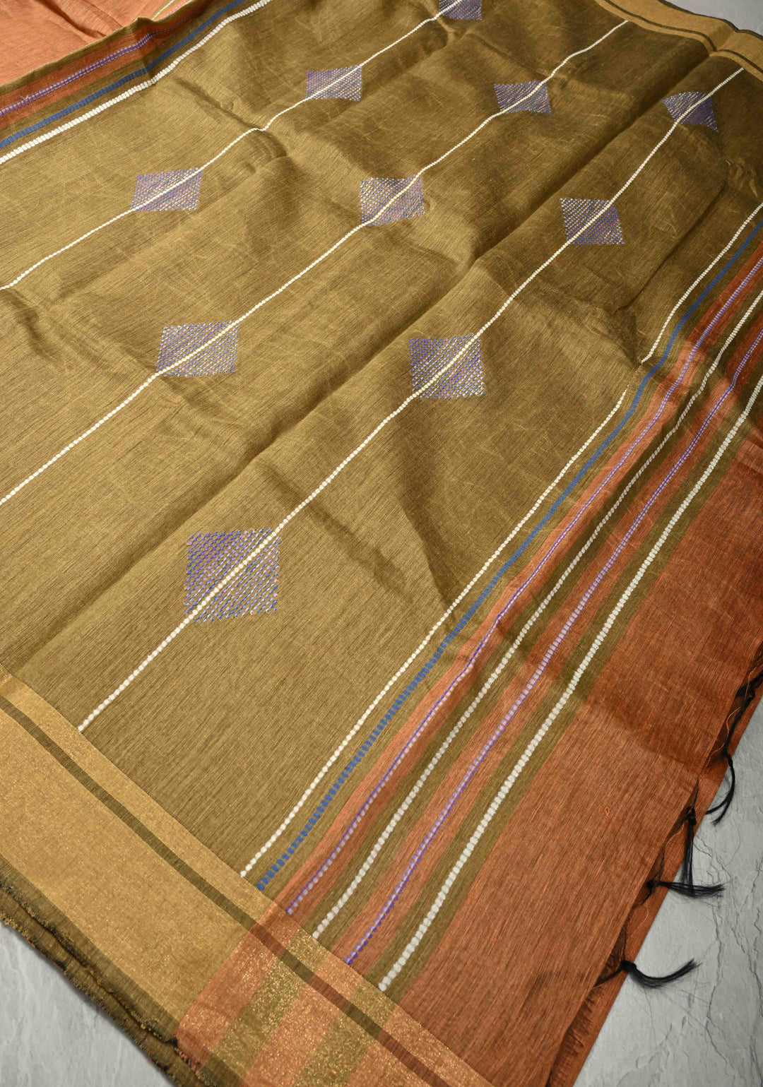 Mustard Orange Handwoven Silk Linen Saree with Thread Buttas and Muted Zari Border