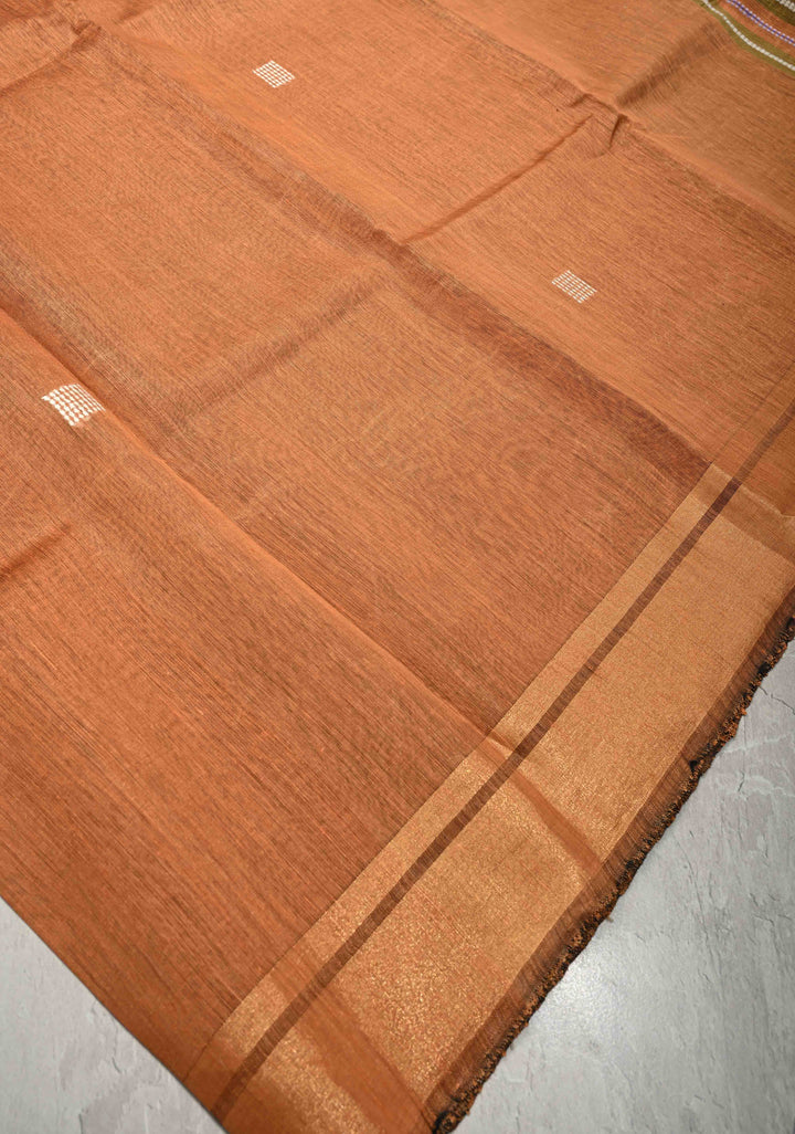 Mustard Orange Handwoven Silk Linen Saree with Thread Buttas and Muted Zari Border