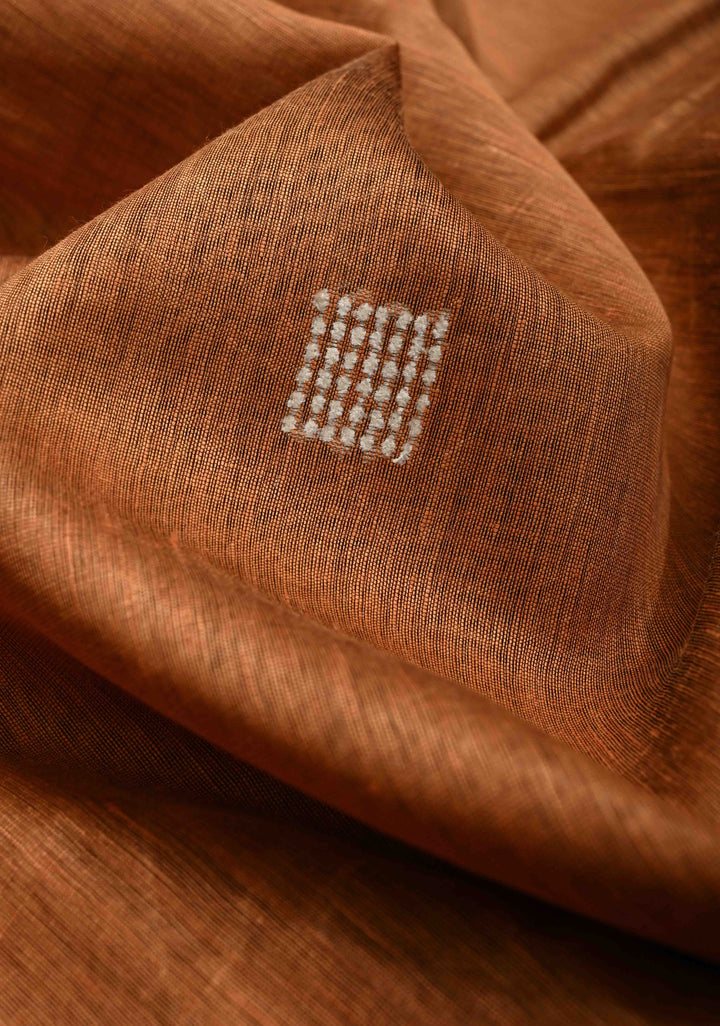 Mustard Orange Handwoven Silk Linen Saree with Thread Buttas and Muted Zari Border