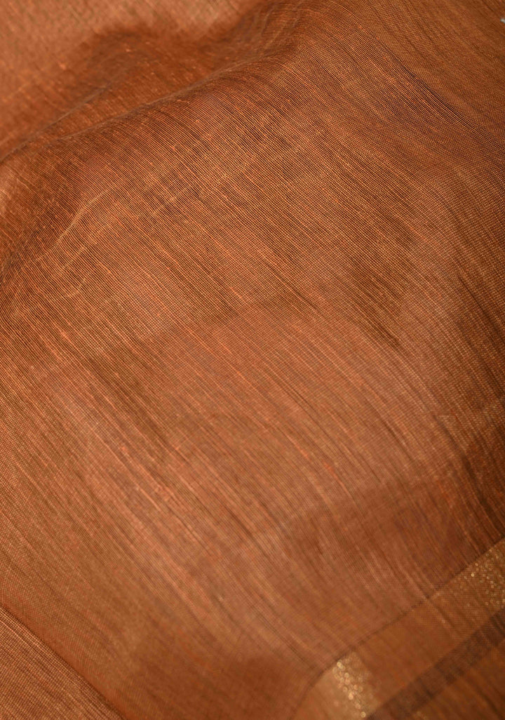 Mustard Orange Handwoven Silk Linen Saree with Thread Buttas and Muted Zari Border