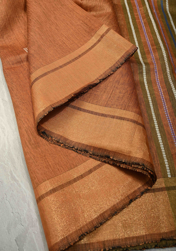 Mustard Orange Handwoven Silk Linen Saree with Thread Buttas and Muted Zari Border