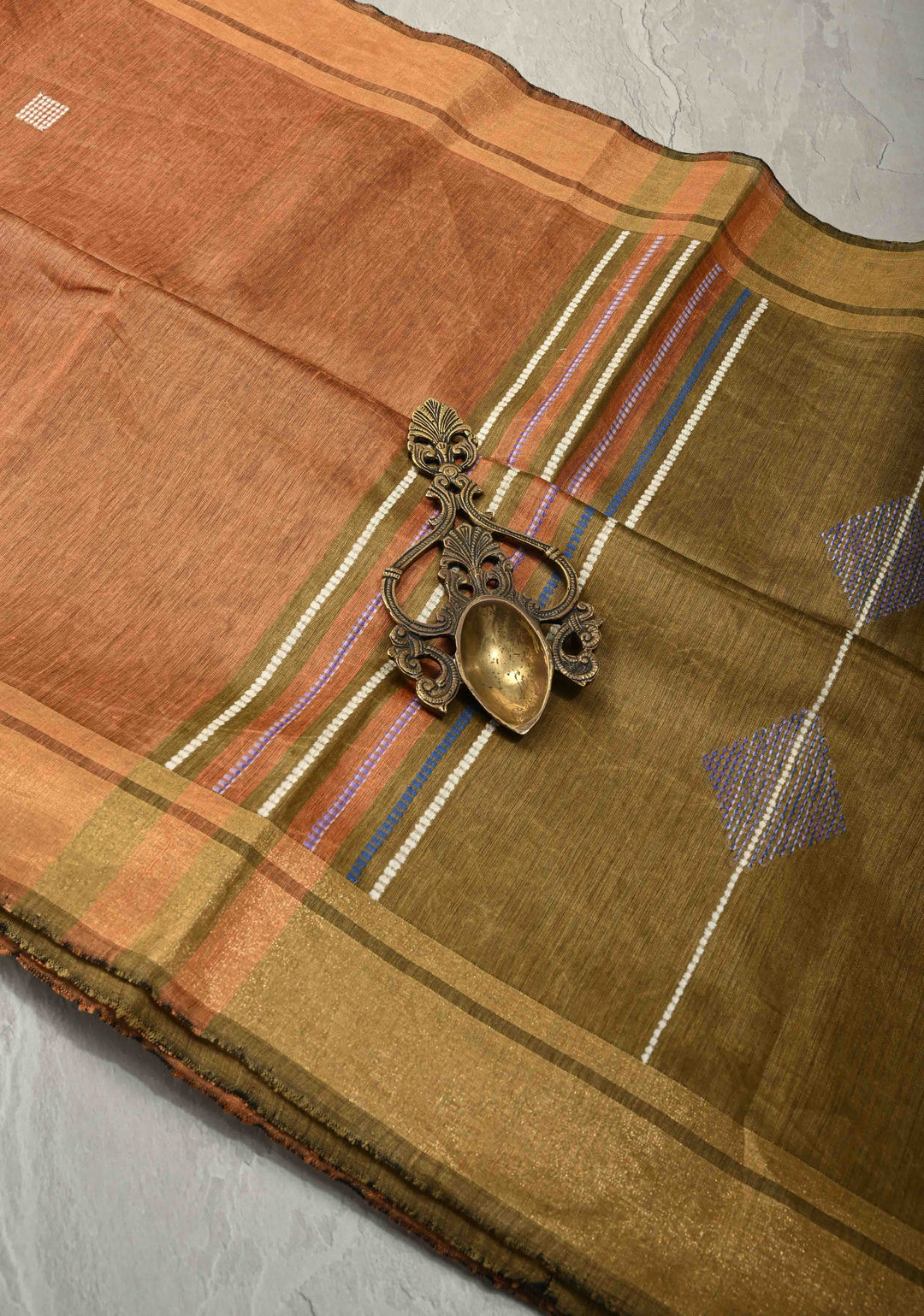 Mustard Orange Handwoven Silk Linen Saree with Thread Buttas and Muted Zari Border
