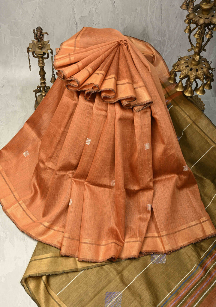 Mustard Orange Handwoven Silk Linen Saree with Thread Buttas and Muted Zari Border