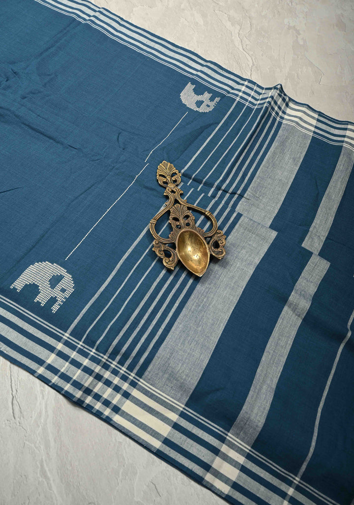 Deep Teal Heritage Bawan Buti Cotton Saree