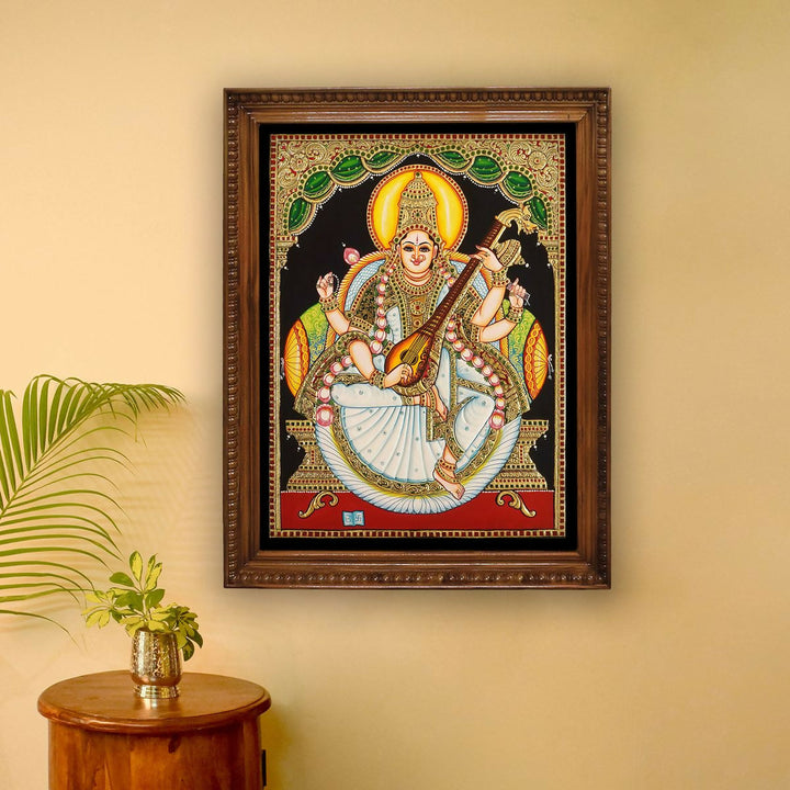 18*24 Authentic TANJORE PAINTING SARASWATHI With 22 Ct gold Foil and Jaipur Gemstones,Unframed | SHOBITAM