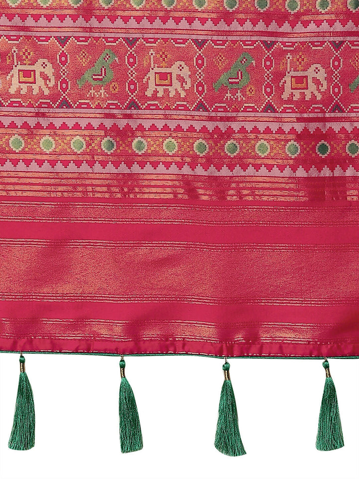 Rani Pink Semi Banarasi Satin Silk Saree With Patola Work | SHOBITAM