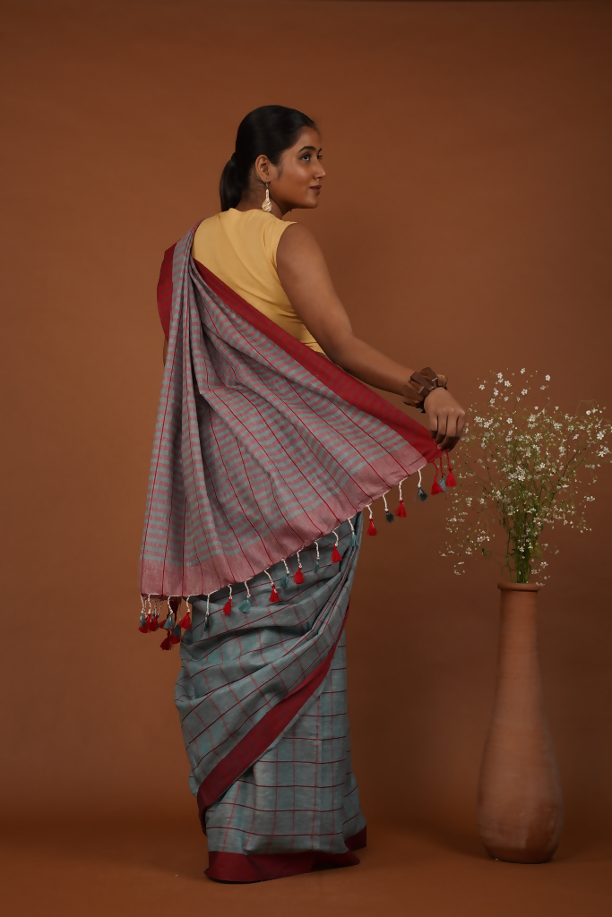 NeelMaroon Rekha Handwoven Slate Blue Cotton Saree  | SHOBITAM