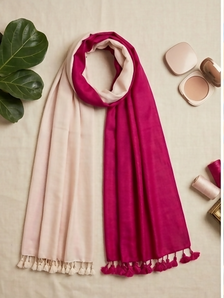 Color block Pink Marino wool handcrafted stole | SHOBITAM