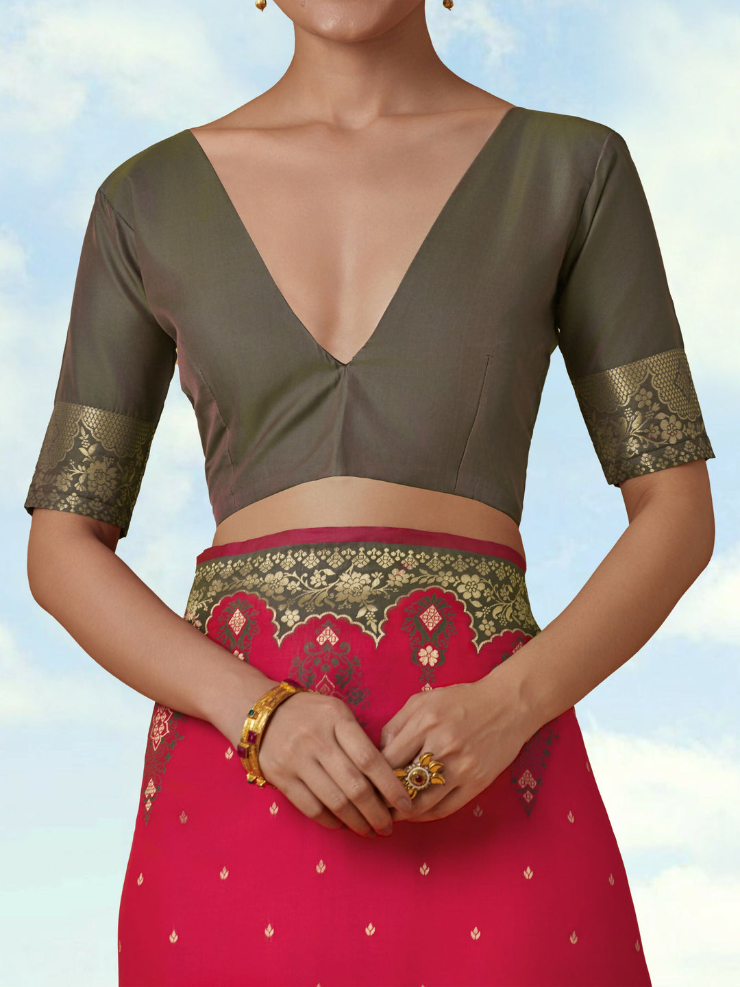 Pink Semi Banarasi Silk Blend Saree with Zari Woven Work | SHOBITAM
