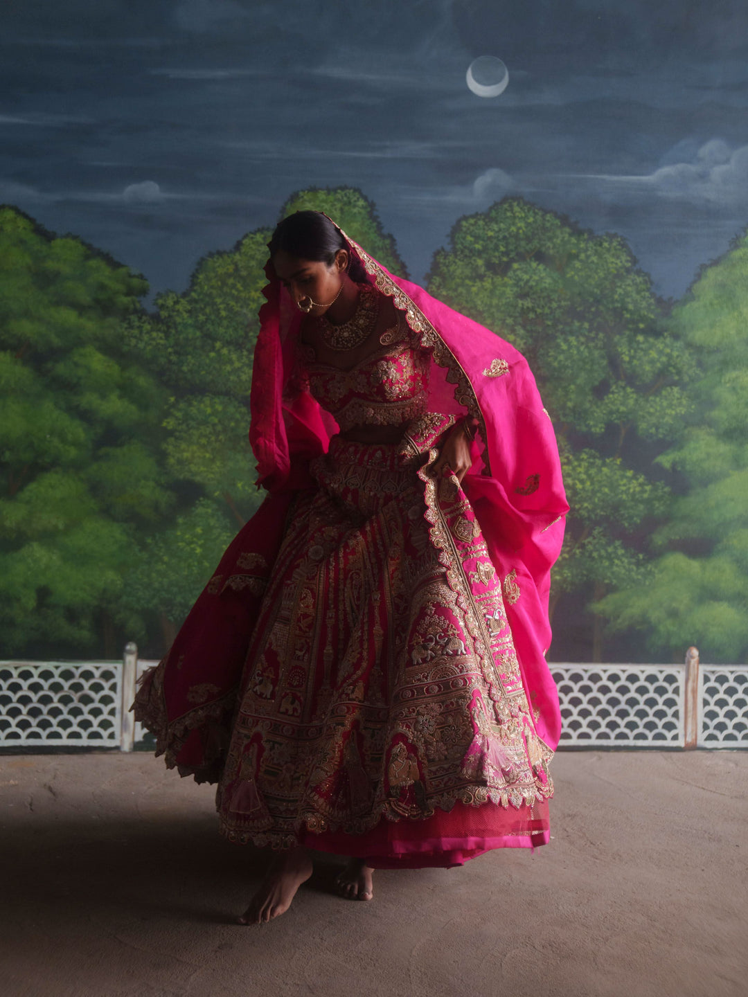 Exotic Lehenga with 3d Bride Motifs, full meenakari handwork and double dupattas, Customizable, Made to Order