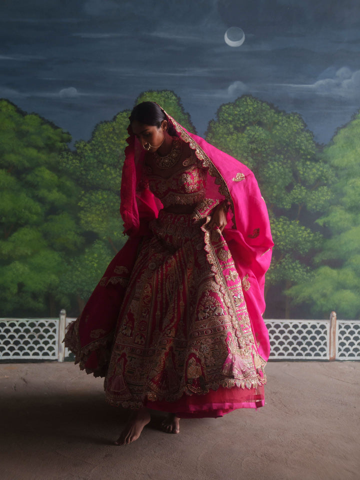 Exotic Lehenga with 3d Bride Motifs, full meenakari handwork and double dupattas, Customizable, Made to Order