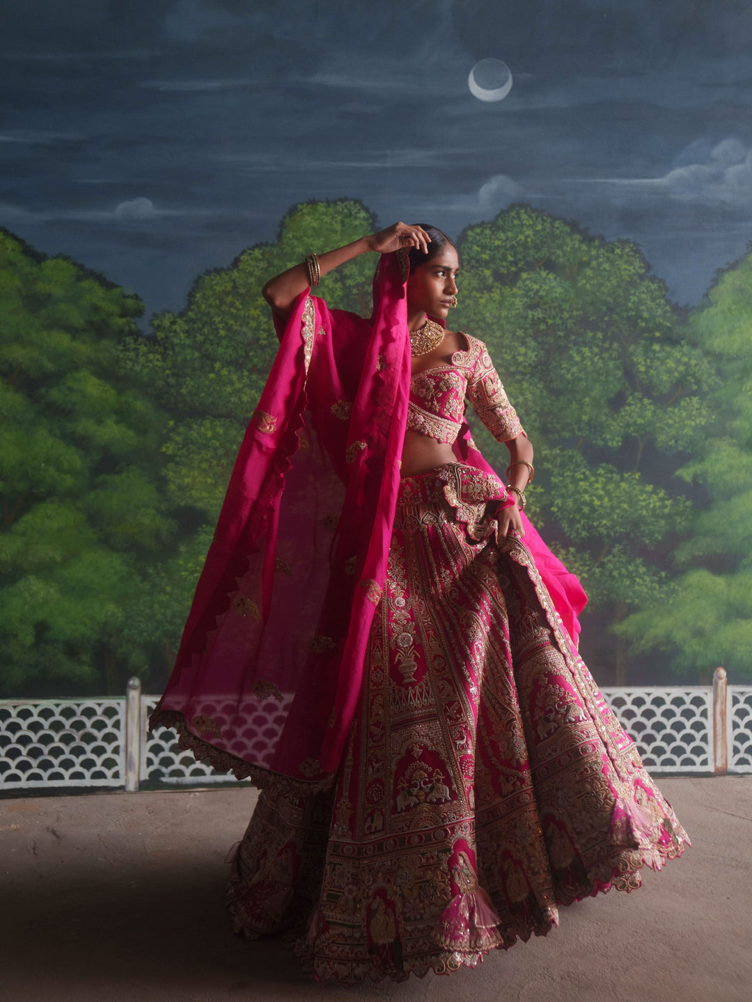Exotic Lehenga with 3d Bride Motifs, full meenakari handwork and double dupattas, Customizable, Made to Order