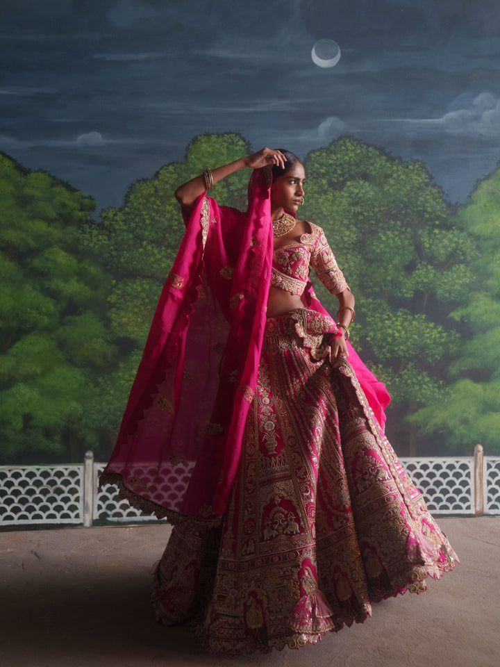 Exotic Lehenga with 3d Bride Motifs, full meenakari handwork and double dupattas, Customizable, Made to Order