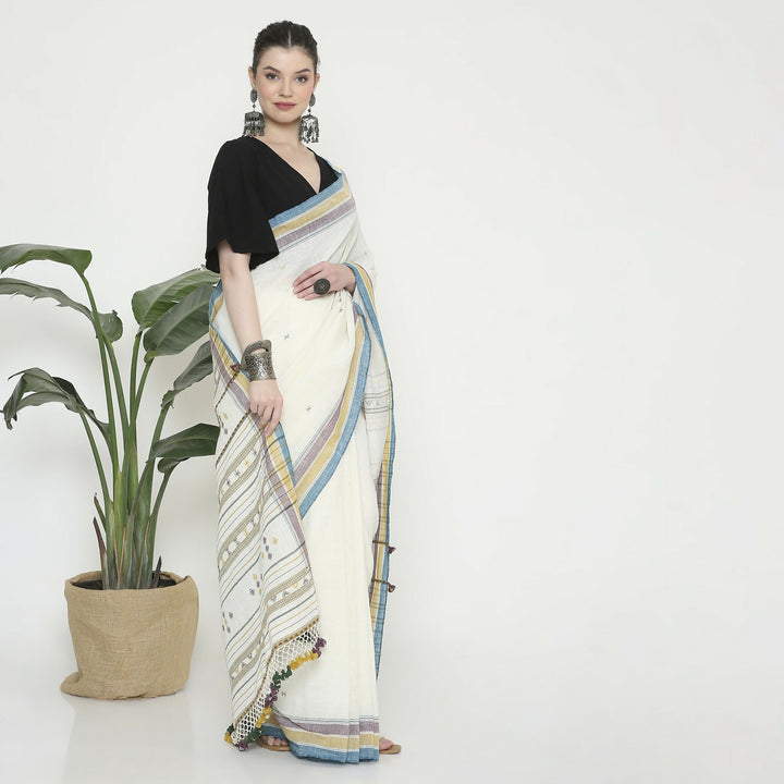 Seashell White Bhujodi Cotton Saree | SHOBITAM